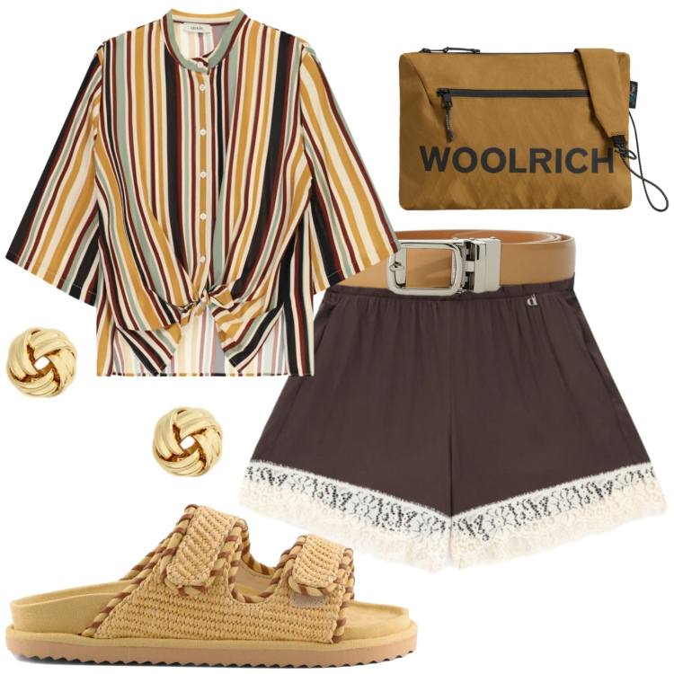 Outfit donna - Holidays. Stile Casual per Tutti i giorni. Abbinamento con camicie, shorts, cinture, orecchini, borse a tracolla, sandali.
