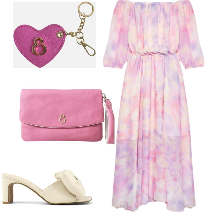 Outfit donna - Chic. Stile Chic per Serata fuori. Abbinamento con pochette, portachiavi, vestiti lunghi, sandali col tacco.