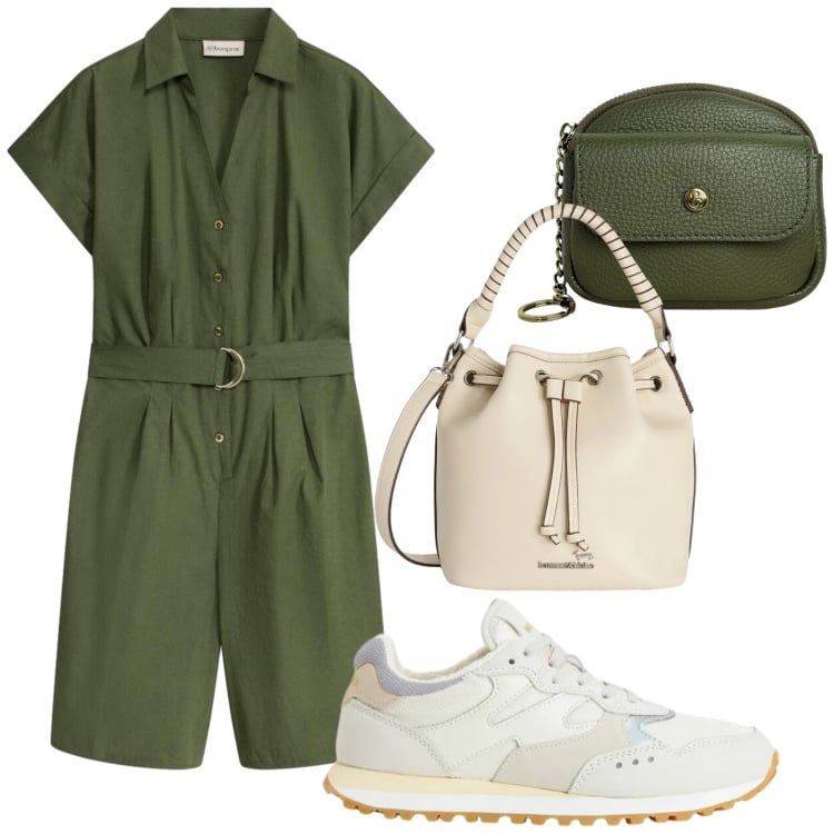 Outfit donna - Total look #2439589. Stile Basic per Tutti i giorni. Abbinamento con tuta corta, borse a secchiello, portachiavi, sneakers.