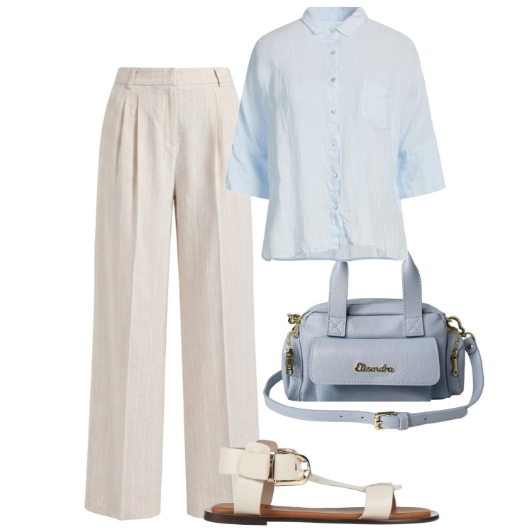 Outfit donna - Lino in ufficio. Stile Casual chic per Ufficio. Abbinamento con sandali alla schiava, camicie a manica corta, pantaloni, borse a mano.