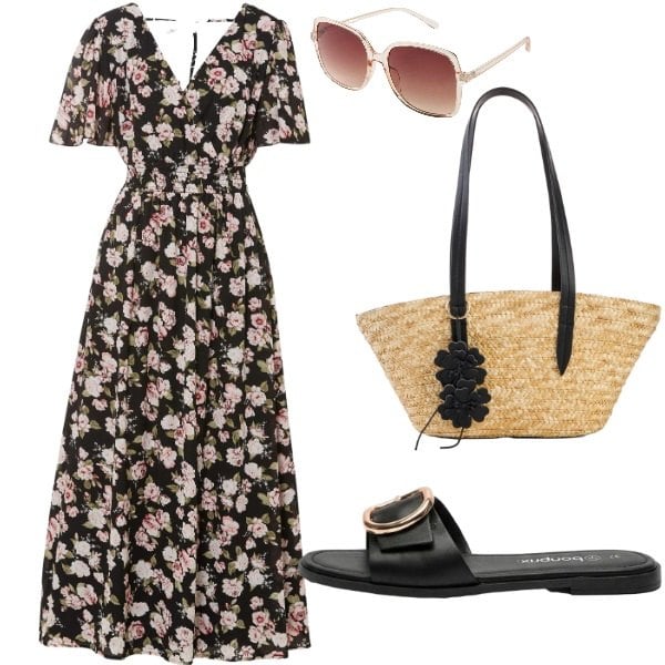 Outfit donna - Maxi abito a fiori. Stile Boho per Tutti i giorni. Abbinamento con vestiti lunghi, ciabatte, occhiali da sole, shopping bag.