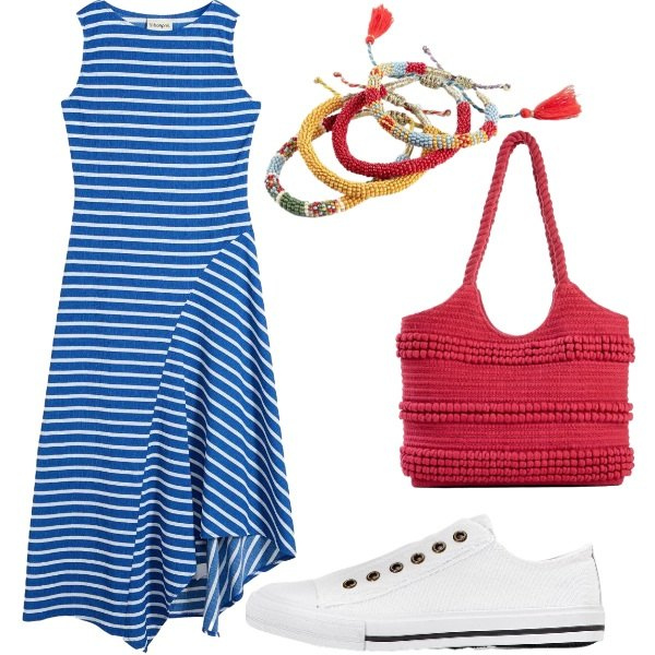 Outfit donna - Mille righe. Stile Sporty chic per Tutti i giorni. Abbinamento con vestiti lunghi, sneakers, shopping bag, braccialetti.