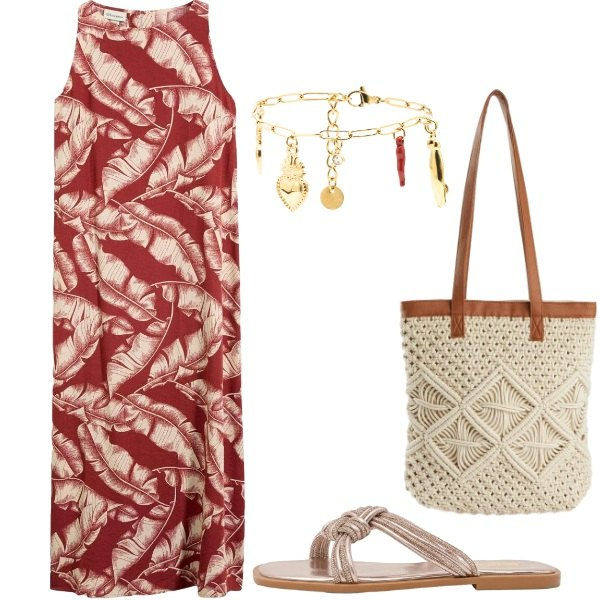 Outfit donna - Leggera come una piuma. Stile Boho per Tutti i giorni. Abbinamento con vestiti lunghi, shopping bag, sandali, braccialetti.
