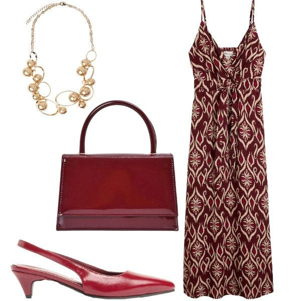 Outfit donna - Serata fuori. Stile Chic per Serata fuori. Abbinamento con décolleté, vestiti lunghi, collane, borse a mano.