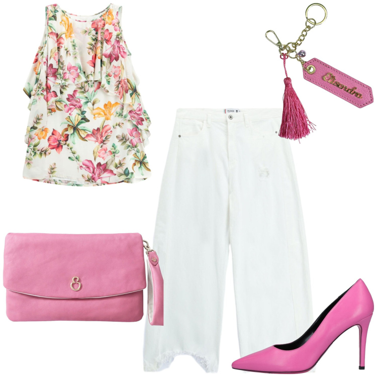 Outfit donna - Incanto esotico- @francine. Stile Casual chic per Tutti i giorni. Abbinamento con décolleté, pochette, portachiavi, vestiti corti, pantaloni a palazzo.