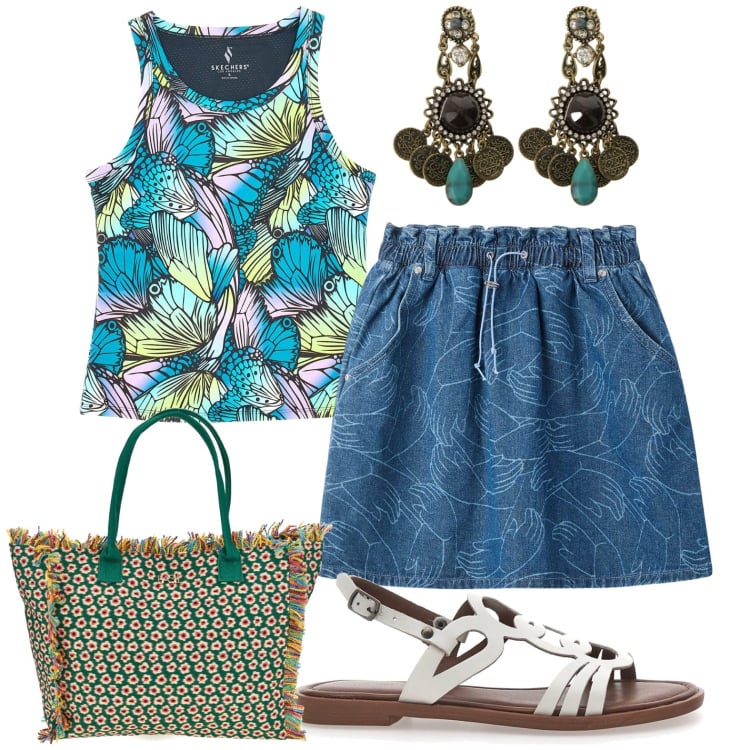 Outfit donna - In vacanza. Stile Casual per Mare. Abbinamento con minigonne, orecchini, sandali, canottiere, shopping bag.