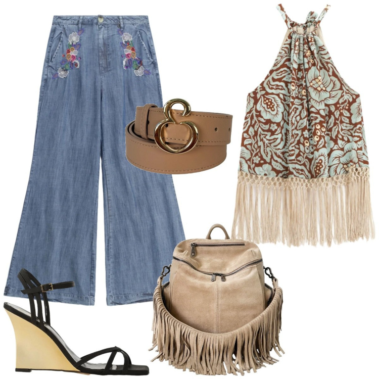 Outfit donna - Necessità virtù. Stile Etnico per Tutti i giorni. Abbinamento con zaini, cinture, top, pantaloni a palazzo, sandali col tacco.