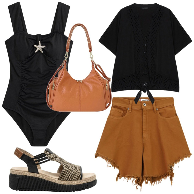 Outfit donna - L\'essenziale. Stile Basic per Tutti i giorni. Abbinamento con sandali, costumi interi, borse a spalla, bluse, shorts.