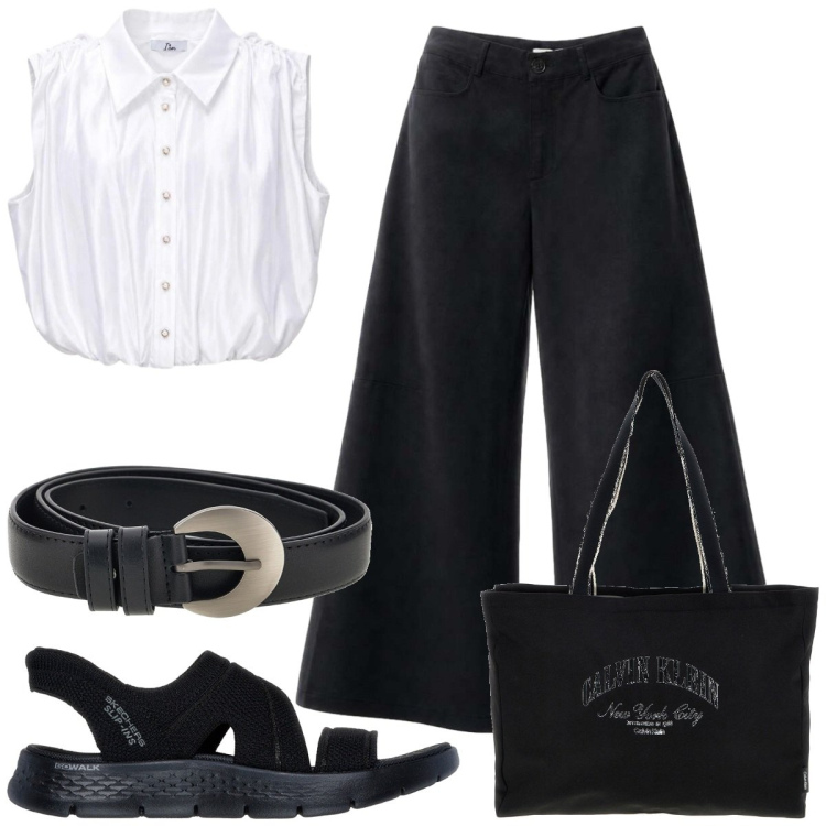 Outfit donna - L\'essenziale. Stile Basic per Tutti i giorni. Abbinamento con pantaloni a palazzo, top, sandali col tacco, borse a spalla, cinture.