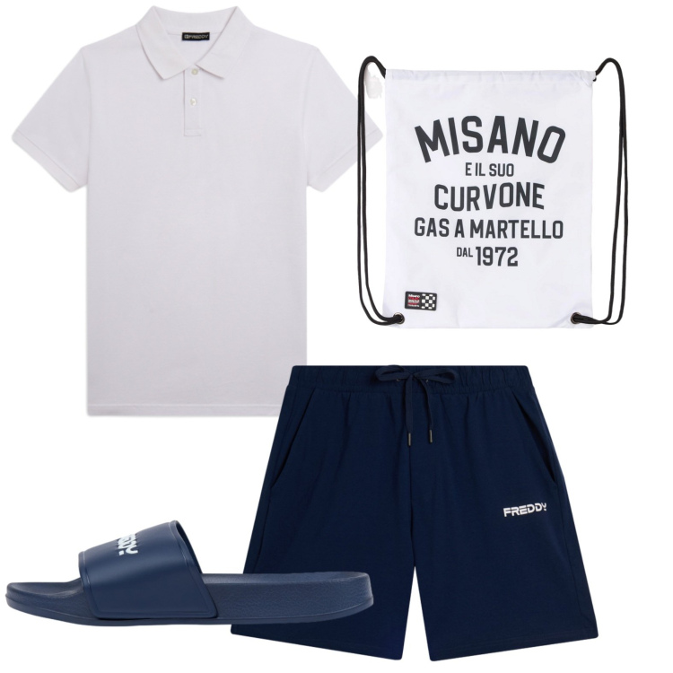 Outfit uomo - Total look #2439608. Stile Casual per Mare. Abbinamento con borse sportive, pantaloni corti, sandali, polo.