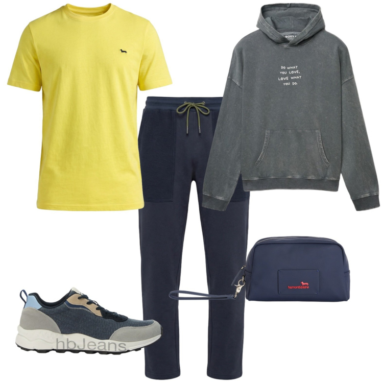 Outfit uomo - Total look #2439609. Stile Casual per Sport. Abbinamento con borse sportive, t-shirt, pantaloni, sneakers, felpe con cappuccio.