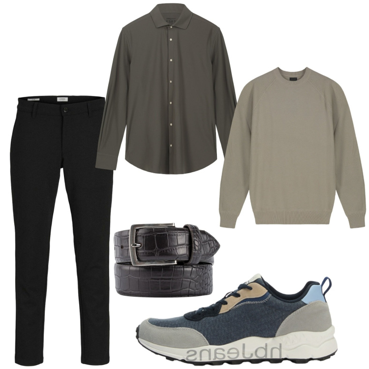 Outfit uomo - Total look #2439617. Stile Casual per Ufficio. Abbinamento con pantaloni chino, sneakers, cinture, camicie, maglieria.