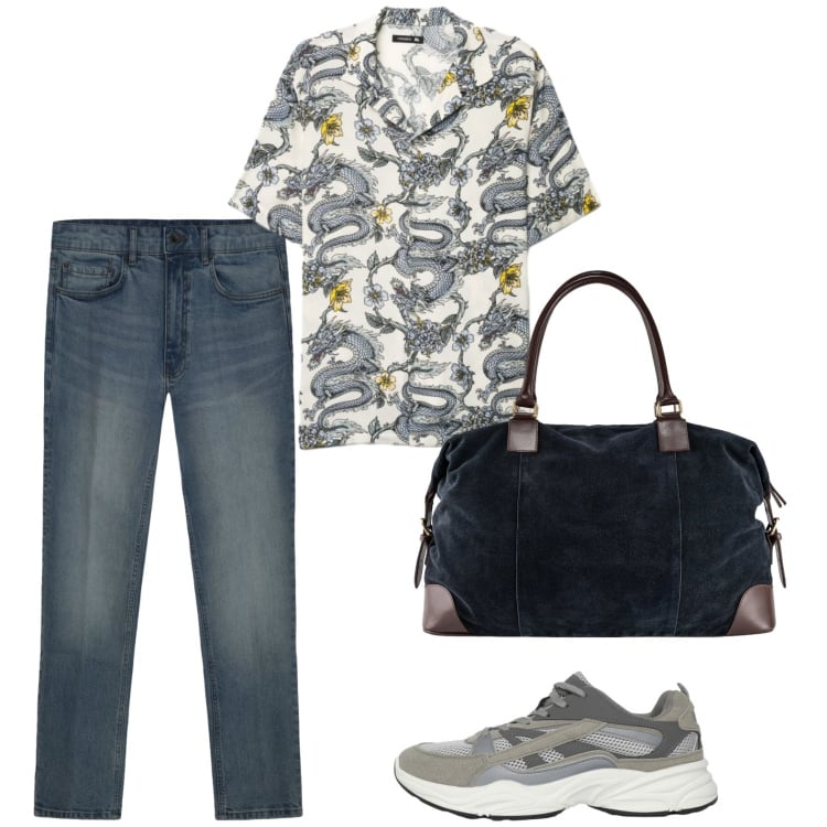 Outfit uomo - Total look #2439625. Stile Trendy per Tutti i giorni. Abbinamento con sneakers, camicie a manica corta, borse sportive, jeans.