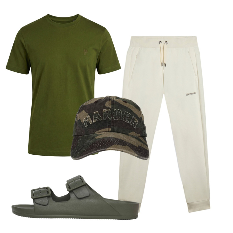 Outfit uomo - Total look #2439632. Stile Casual per Tutti i giorni. Abbinamento con t-shirt, cappelli con visiera, sandali, pantaloni.