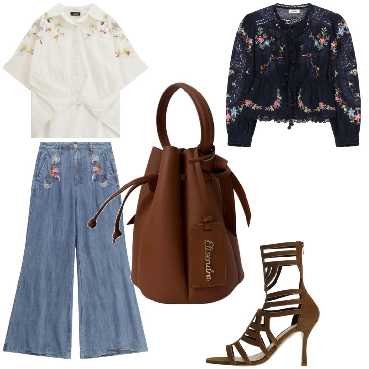 Outfit donna - Total look #2439634. Stile Boho per Scuola/Università. Abbinamento con borse a secchiello, camicie a manica corta, pantaloni a palazzo, cappotti, sandali col tacco.