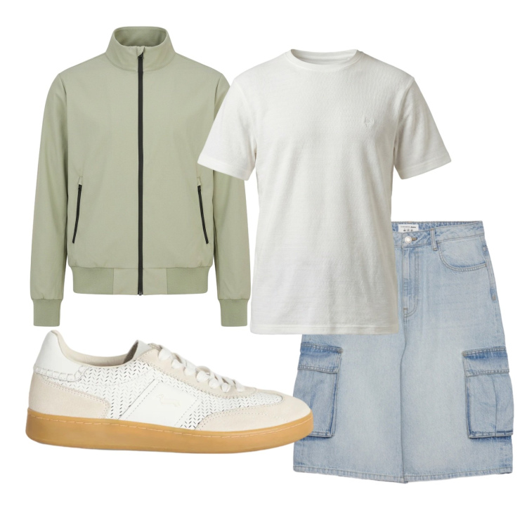 Outfit uomo - Total look #2439639. Stile Casual per Tutti i giorni. Abbinamento con sneakers, t-shirt, pantaloni corti, bomber.