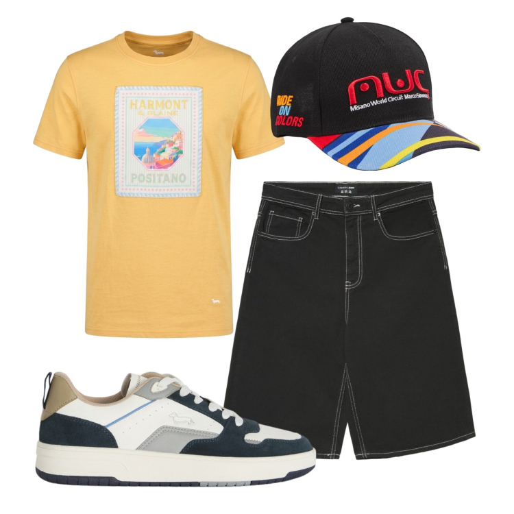 Outfit uomo - Total look #2439641. Stile Urban per Tutti i giorni. Abbinamento con sneakers, t-shirt, cappelli con visiera, pantaloni corti.