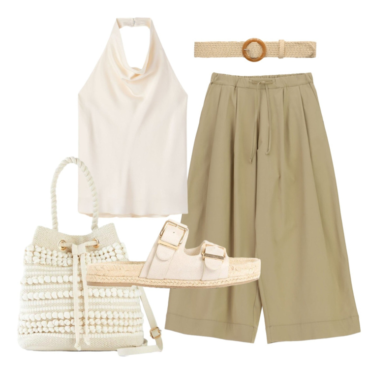 Outfit donna - Total look #2439643. Stile Casual chic per Ufficio. Abbinamento con ciabatte, borse a secchiello, canottiere, cinture, pantaloni a palazzo.