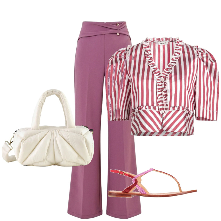 Outfit donna - Total look #2439644. Stile Bon Ton per Serata fuori. Abbinamento con camicie a manica corta, infradito, pantaloni a palazzo, borse a mano.