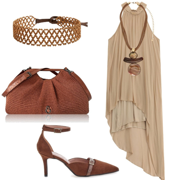 Outfit donna - Essere. Stile Etnico per Tutti i giorni. Abbinamento con clutch, ciondoli, vestiti asimmetrici, cinture, décolleté.