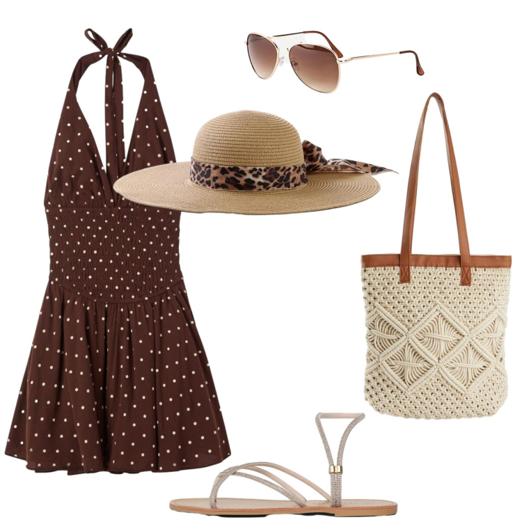 Outfit donna - Al mare. Stile Romantica per Mare. Abbinamento con cappelli, occhiali da sole, shopping bag, vestiti corti, sandali.