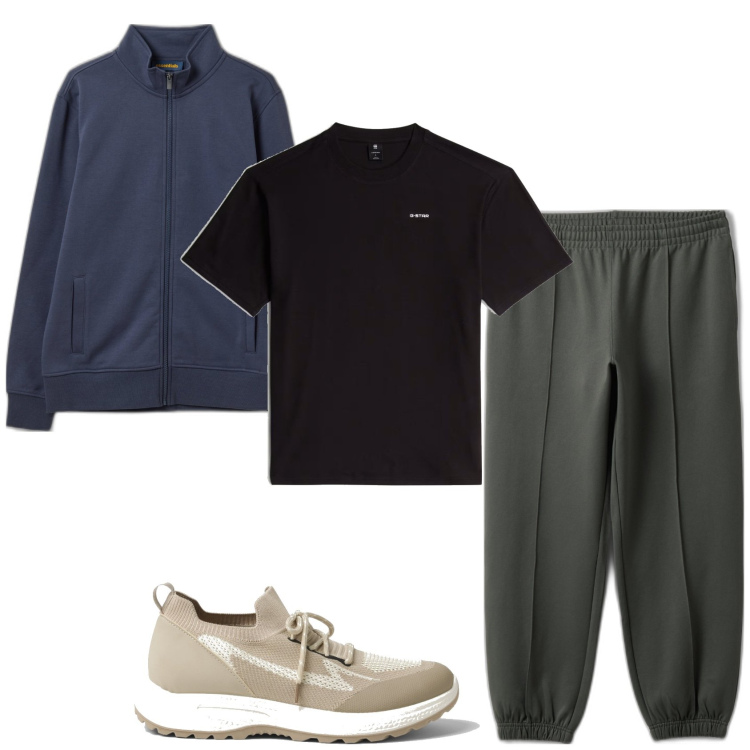 Outfit hombre - Deportes. Estilo Casual para Todos los días. Combinación con sudaderas, camiseta, pantalones, sneakers.