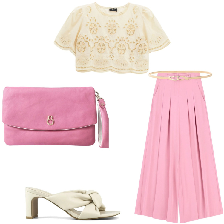 Outfit donna - L\' arte dell\' accessorio. Stile Casual chic per Serata fuori. Abbinamento con pochette, bluse, cinture, pantaloni a palazzo, sandali col tacco.