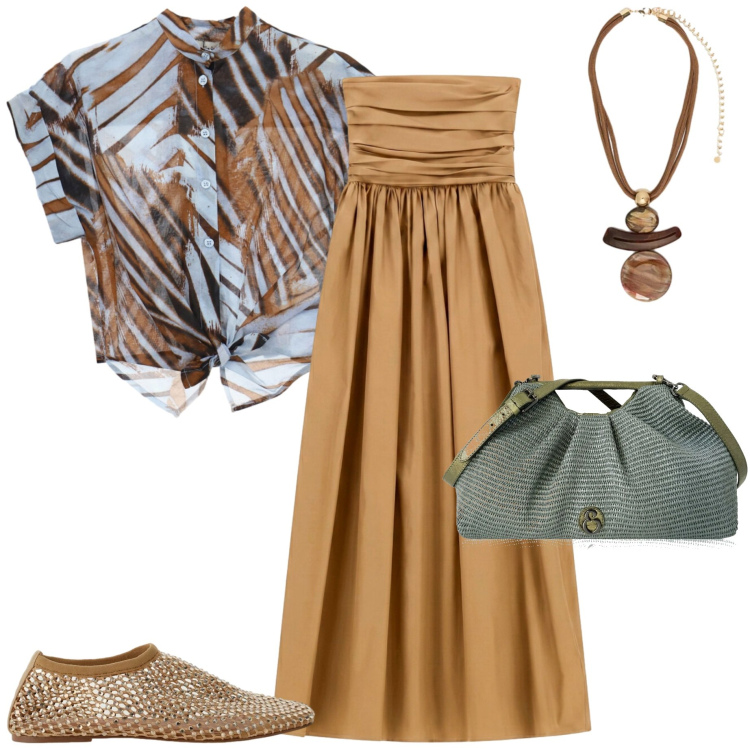 Outfit donna - L\' arte dell\' accessorio. Stile Casual chic per Serata fuori. Abbinamento con clutch, ciondoli, ballerine, camicie a manica corta, vestiti midi/longuette.