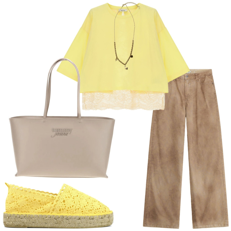 Outfit donna - Summer Holidays. Stile Casual chic per Tutti i giorni. Abbinamento con pantaloni a palazzo, top, ciondoli, espadrillas, borse a spalla.