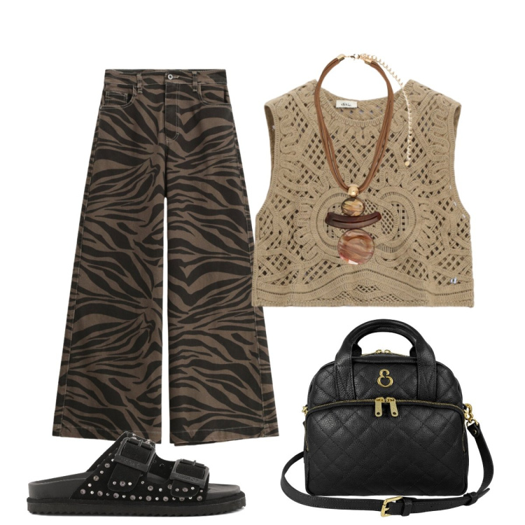 Outfit donna - In città. Stile Glamour per Tutti i giorni. Abbinamento con borse a mano, ciondoli, pantaloni a palazzo, top, sandali in pelle.