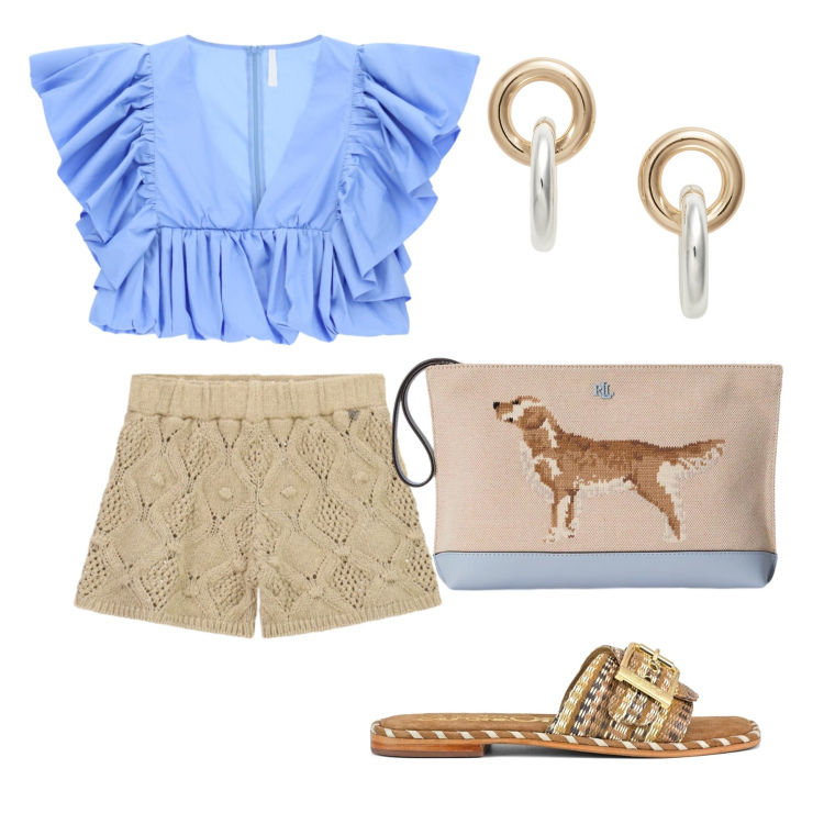 Outfit donna - Luglio. Stile Casual chic per Tutti i giorni. Abbinamento con shorts, top, orecchini, pochette, ciabatte.