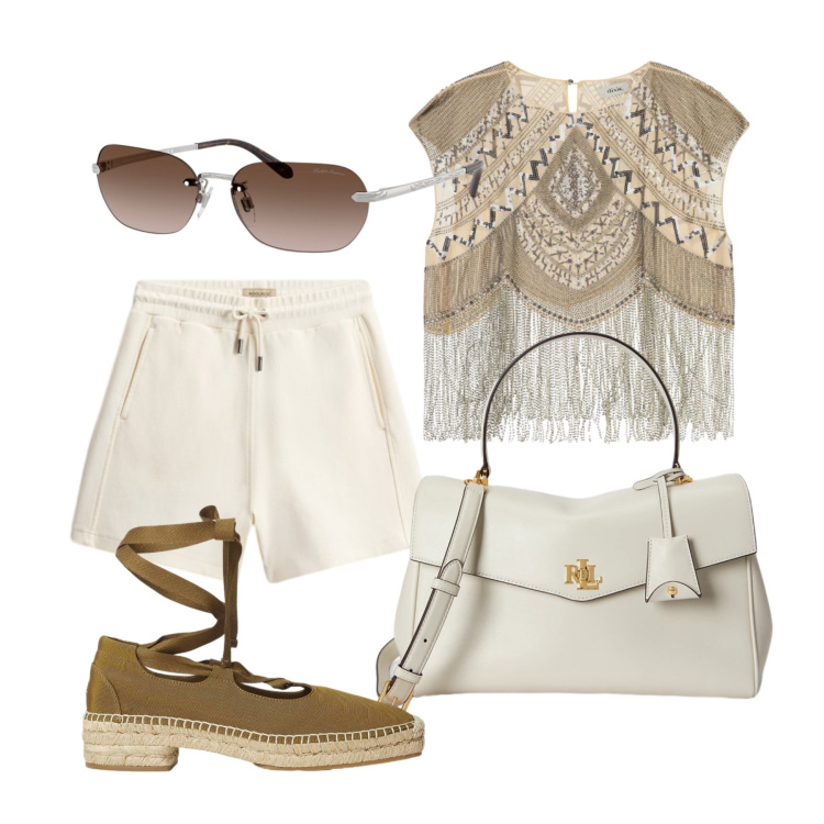 Outfit donna - Luglio. Stile Casual chic per Tutti i giorni. Abbinamento con top, borse a mano, occhiali da sole, espadrillas, shorts.
