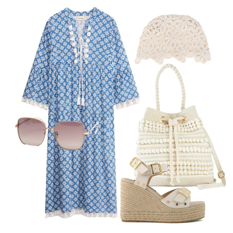 Outfit donna - Luglio. Stile Trendy per Mare. Abbinamento con vestiti, borse a secchiello, cappotti, occhiali da sole, zeppe.