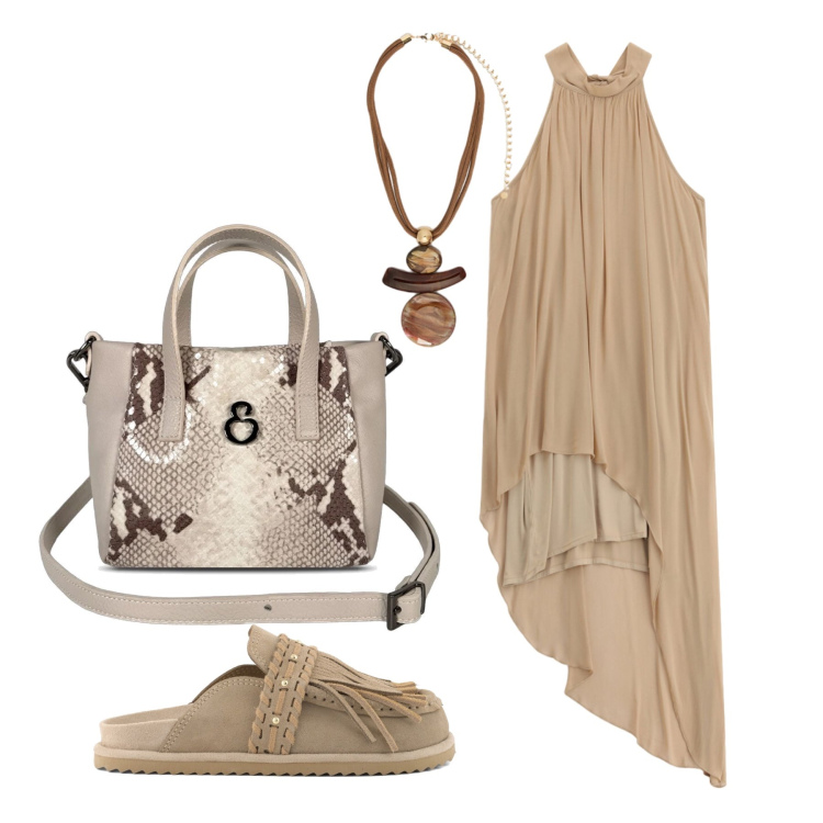 Outfit donna - Luglio. Stile Trendy per Tutti i giorni. Abbinamento con borse a mano, ciondoli, vestiti asimmetrici, sabot.