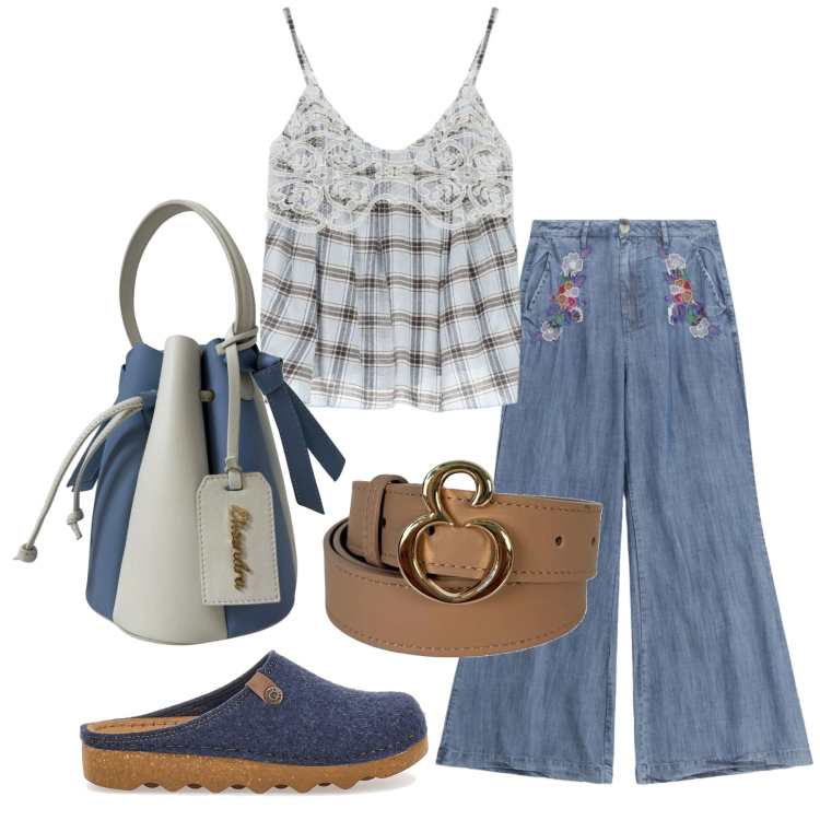 Outfit donna - Luglio. Stile Casual per Tutti i giorni. Abbinamento con borse a secchiello, cinture, pantaloni a palazzo, top, pantofole.