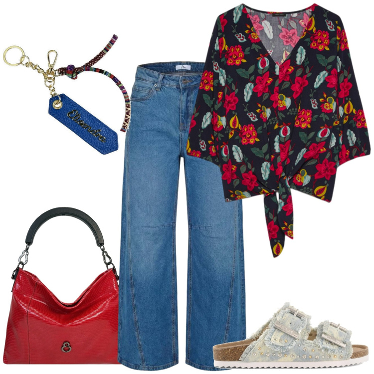 Outfit donna - Total look #2439723. Stile Casual chic per Tutti i giorni. Abbinamento con jeans, borse a mano, portachiavi, bluse, sandali.