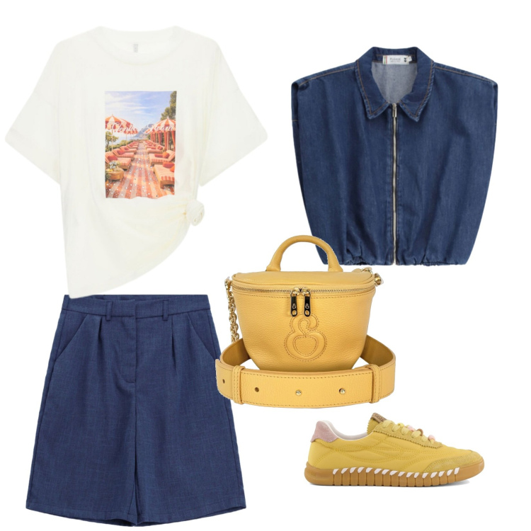 Outfit donna - Pop di giallo. Stile Casual chic per Tutti i giorni. Abbinamento con borse a tracolla, gilet, bermuda, t-shirt, sneakers.