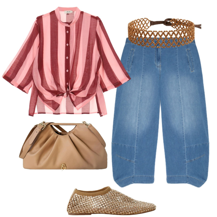 Outfit donna - Rosa e cuoio. Stile Casual chic per Serata fuori. Abbinamento con clutch, jeans, ballerine, camicie, cinture.