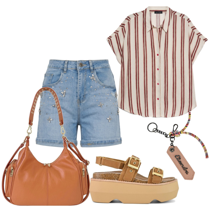 Outfit donna - Luglio. Stile Casual per Tutti i giorni. Abbinamento con borse a spalla, portachiavi, camicie a manica corta, shorts, sandali col tacco.