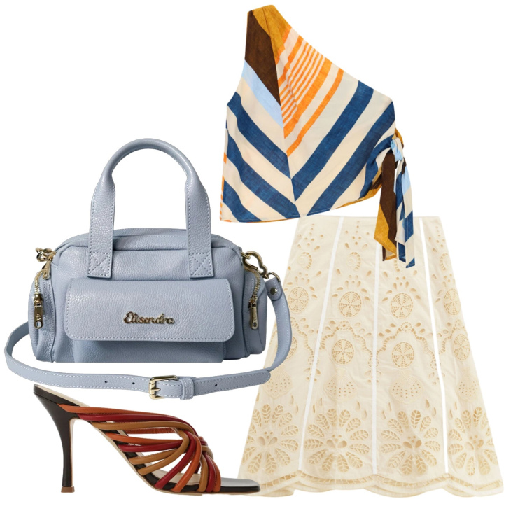 Outfit donna - Luglio. Stile Glamour per Tutti i giorni. Abbinamento con borse a mano, sandali, gonne longuette, top.