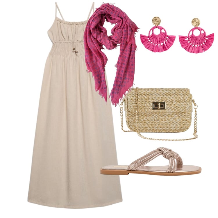 Outfit donna - Destinazione paradiso. per Mare. Abbinamento con orecchini, borse a tracolla, sciarpe, vestiti lunghi, sandali.