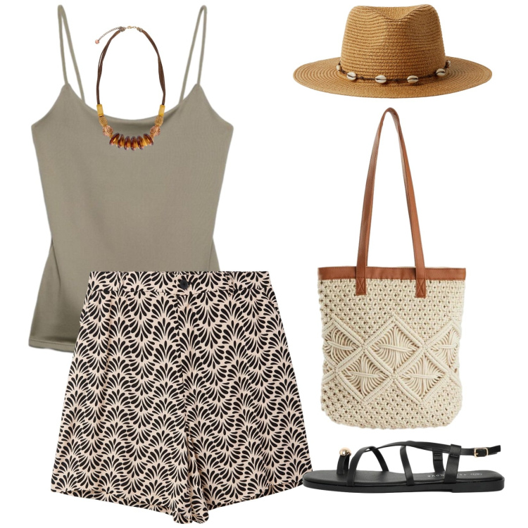 Outfit donna - Vacanze. per Mare. Abbinamento con shopping bag, canottiere, shorts, cappelli, sandali, collane.