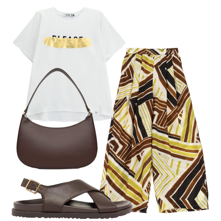 Outfit donna - Total look #2439788. Stile Etnico per Tutti i giorni. Abbinamento con sandali in pelle, borse a tracolla, pantaloni a palazzo, t-shirt.