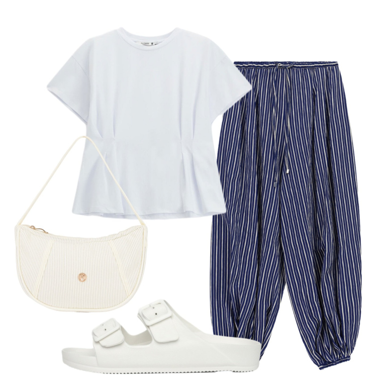 Outfit donna - Total look #2439789. Stile Boho per Tutti i giorni. Abbinamento con ciabatte, pantaloni a palazzo, t-shirt, borse a mano.