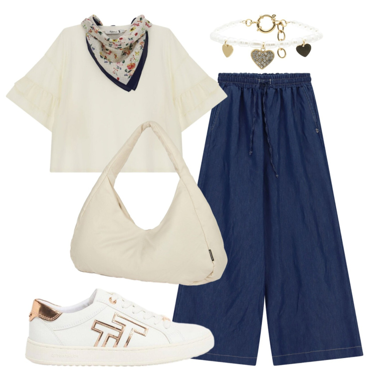 Outfit donna - Total look #2439791. Stile Sporty chic per Tutti i giorni. Abbinamento con sneakers, pantaloni a palazzo, top, braccialetti, borse a spalla.