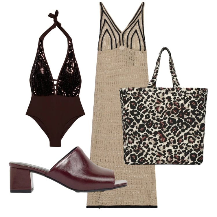 Outfit donna - Total look #2439792. Stile Etnico per Mare. Abbinamento con ciabatte, costumi interi, shopping bag, vestiti midi/longuette.