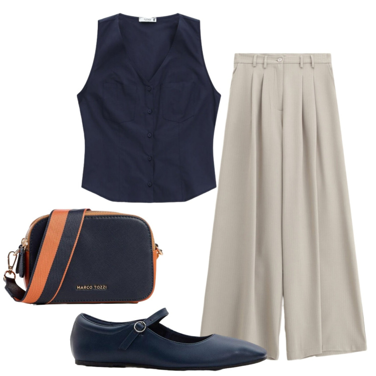 Outfit donna - Total look #2439793. Stile Mannish per Ufficio. Abbinamento con ballerine, borse a tracolla, pantaloni a palazzo, camicie.