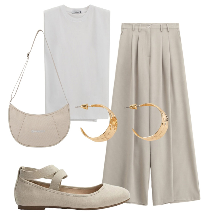 Outfit donna - Total look #2439795. Stile Minimal per Ufficio. Abbinamento con ballerine, orecchini, top, pantaloni a palazzo, borse a spalla.
