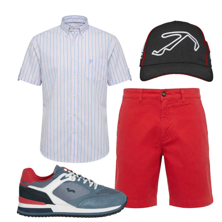 Outfit uomo - Total look #2439800. Stile Casual per Tutti i giorni. Abbinamento con camicie a manica corta, bermuda, sneakers, cappelli con visiera.