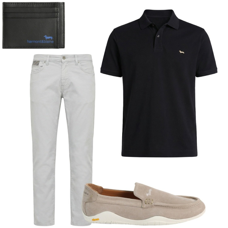 Outfit uomo - Polo nera. Stile Casual per Tutti i giorni. Abbinamento con pantaloni, portafogli, polo, scarpe stringate.
